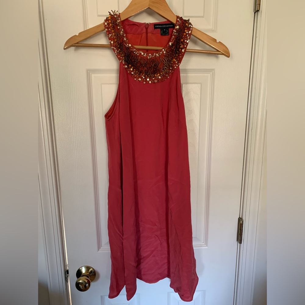 French Connection Coral Beaded Collar Silk Swing Dress